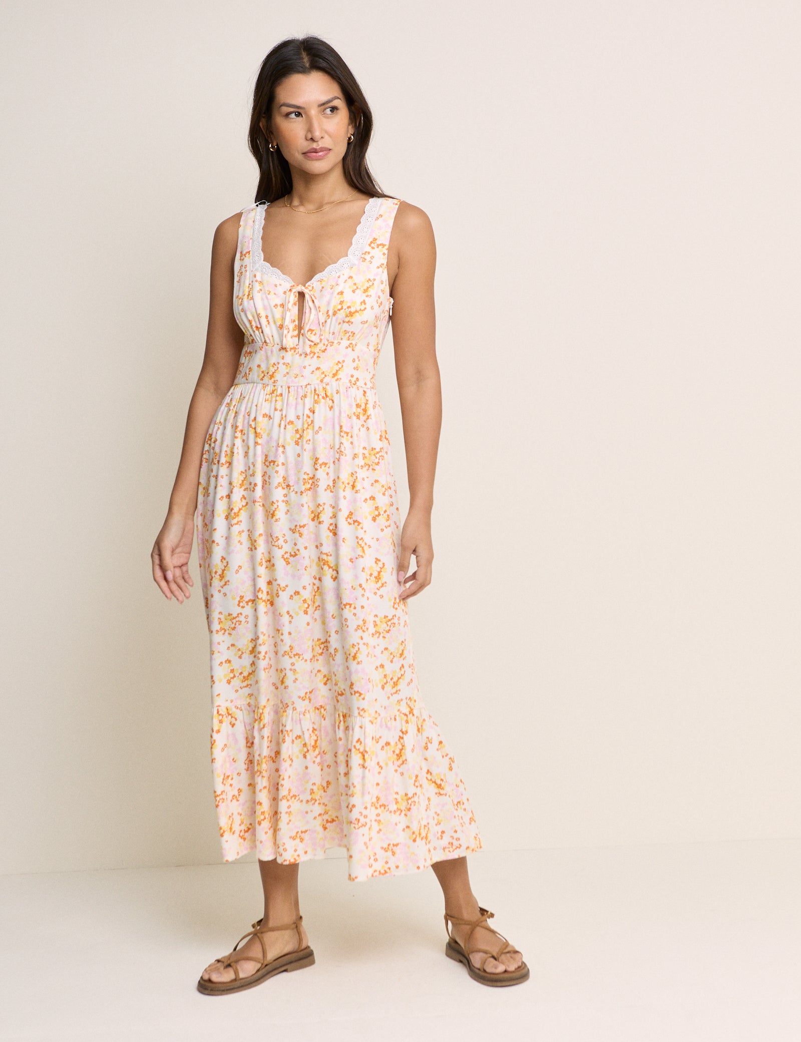 Ivory Ditsy Floral Tiered Heather Midi Dress