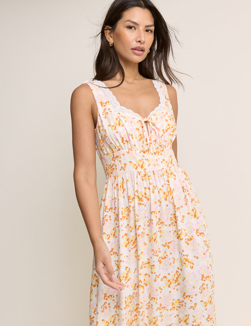 White Ditsy Floral Tiered Heather Midi Dress