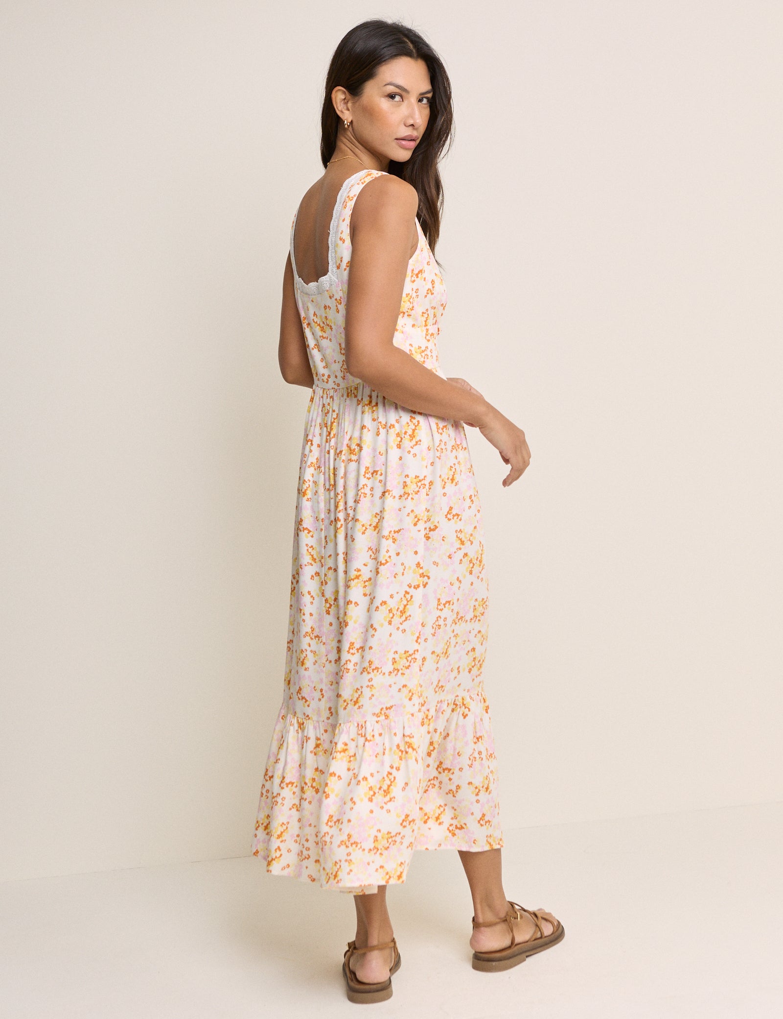 Ivory Ditsy Floral Tiered Heather Midi Dress