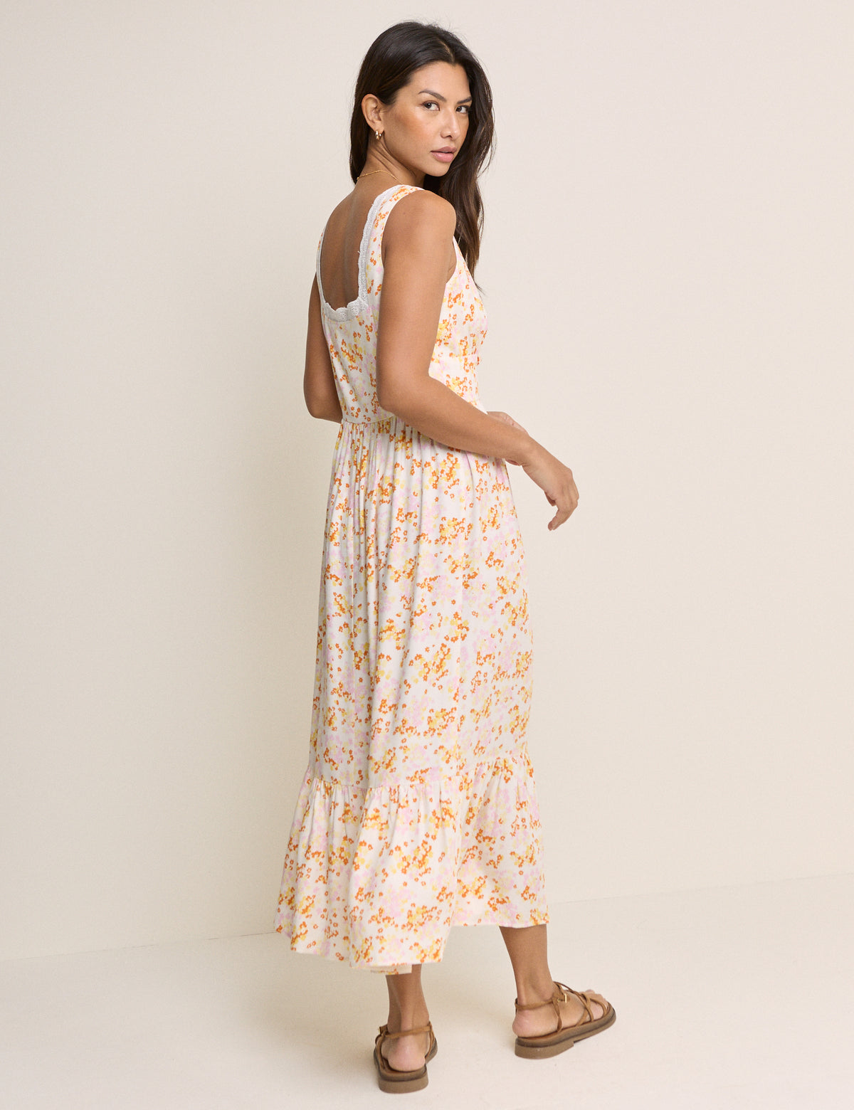 White Ditsy Floral Tiered Heather Midi Dress