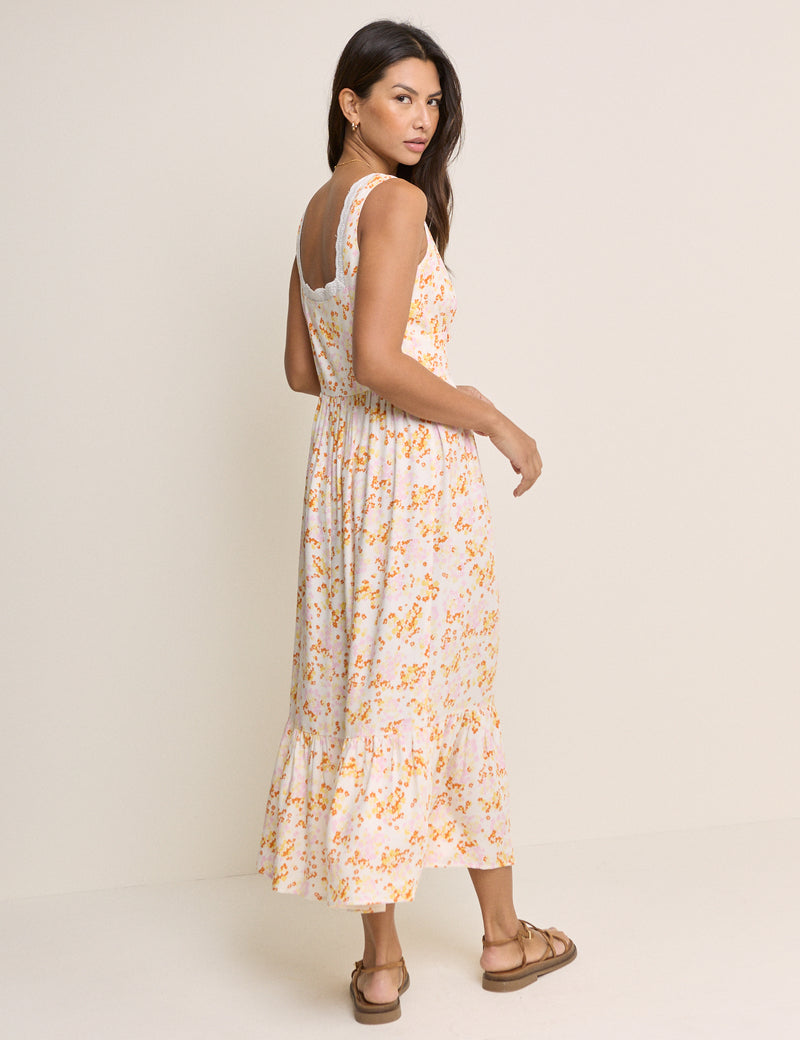 White Ditsy Floral Tiered Heather Midi Dress