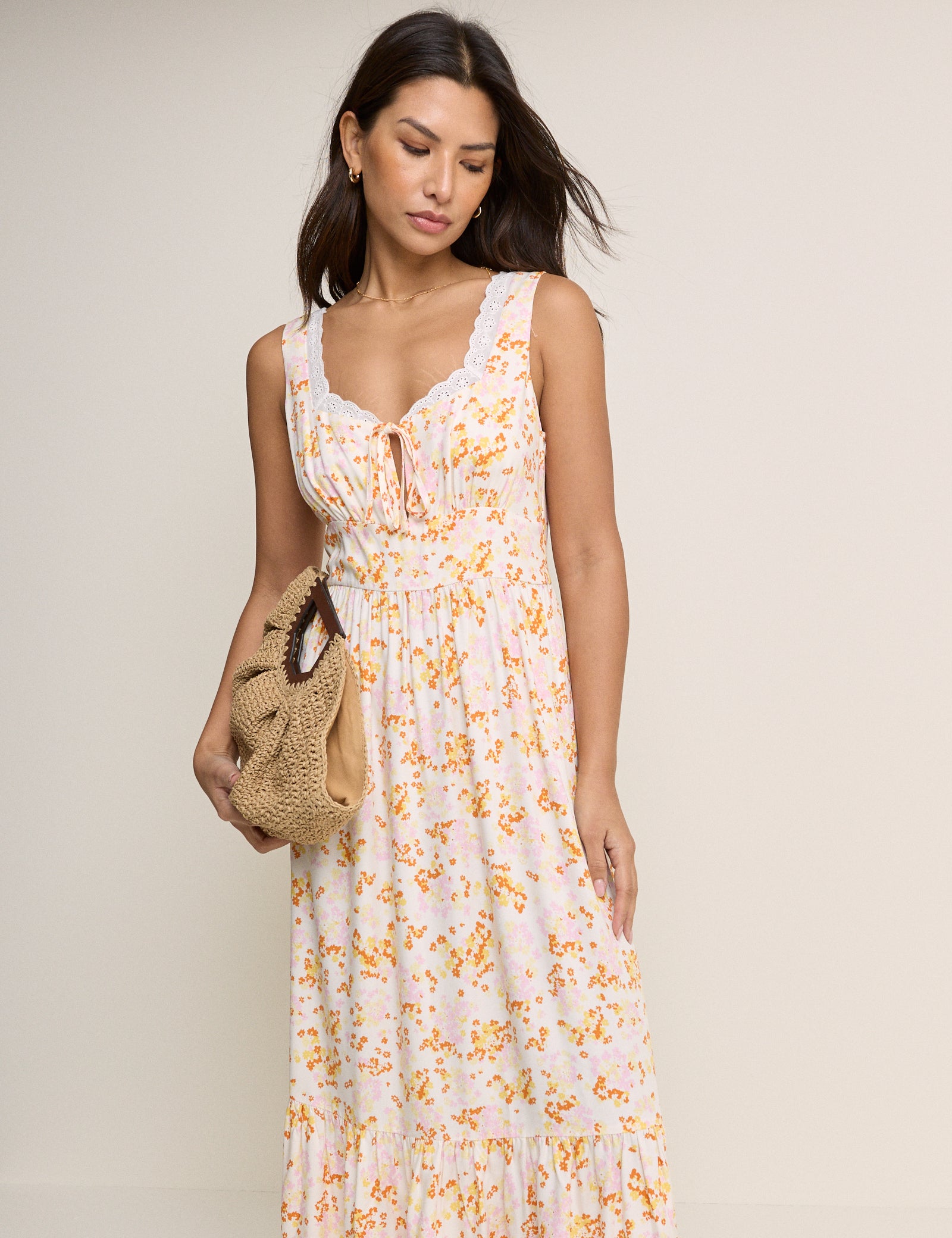 White Ditsy Floral Tiered Heather Midi Dress White Ditsy Floral Tiered Heather Midi Dress