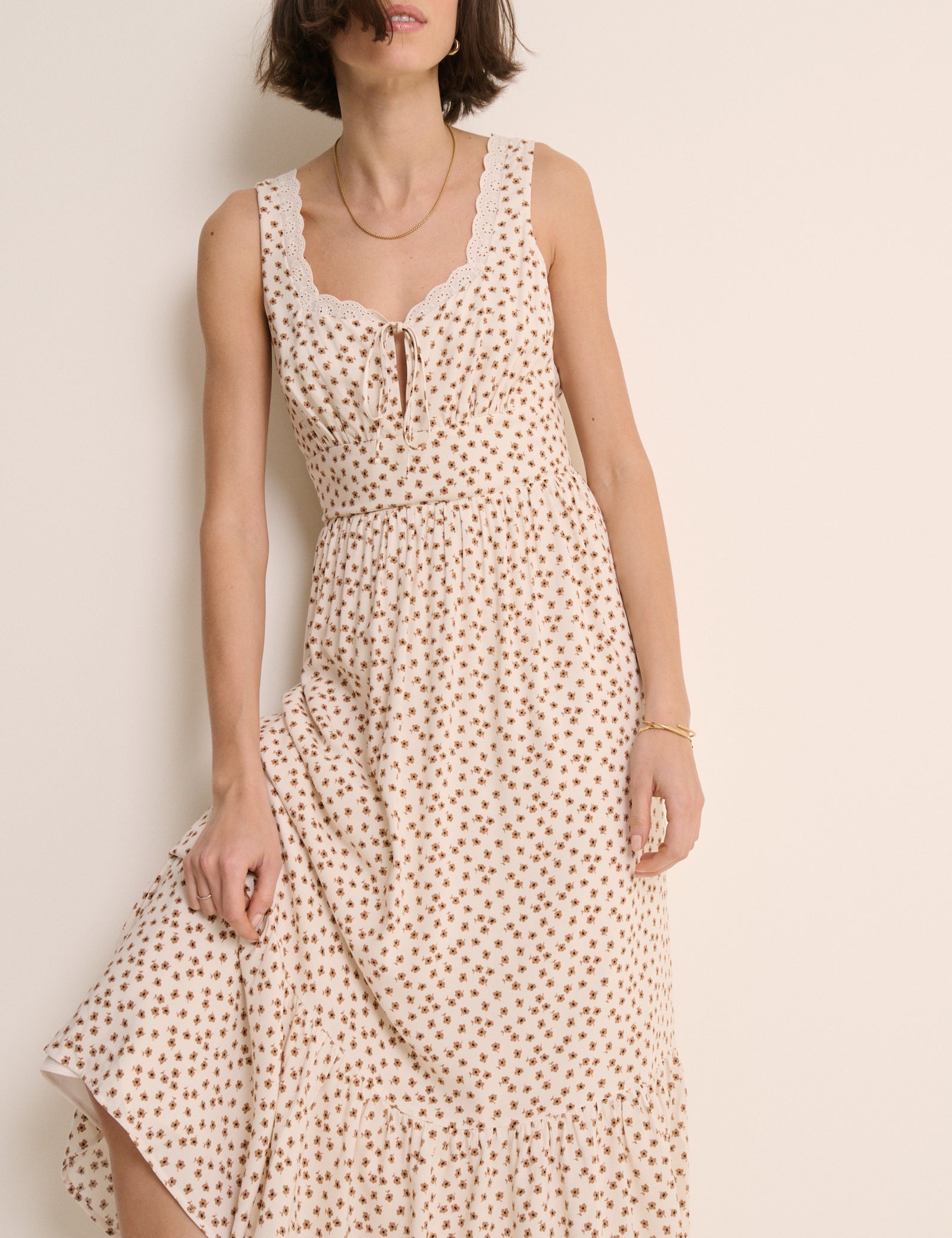 Ivory Ditsy Floral Lace Trim Heather Midi Dress
