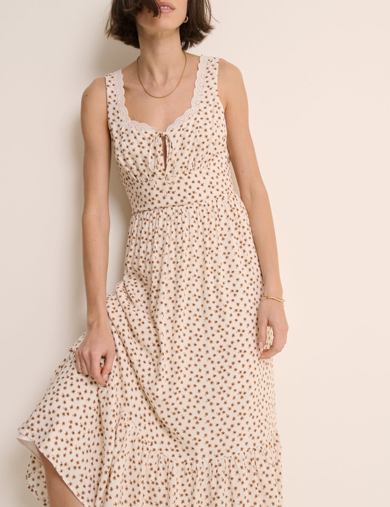 Ivory Ditsy Floral Lace Trim Heather Midi Dress