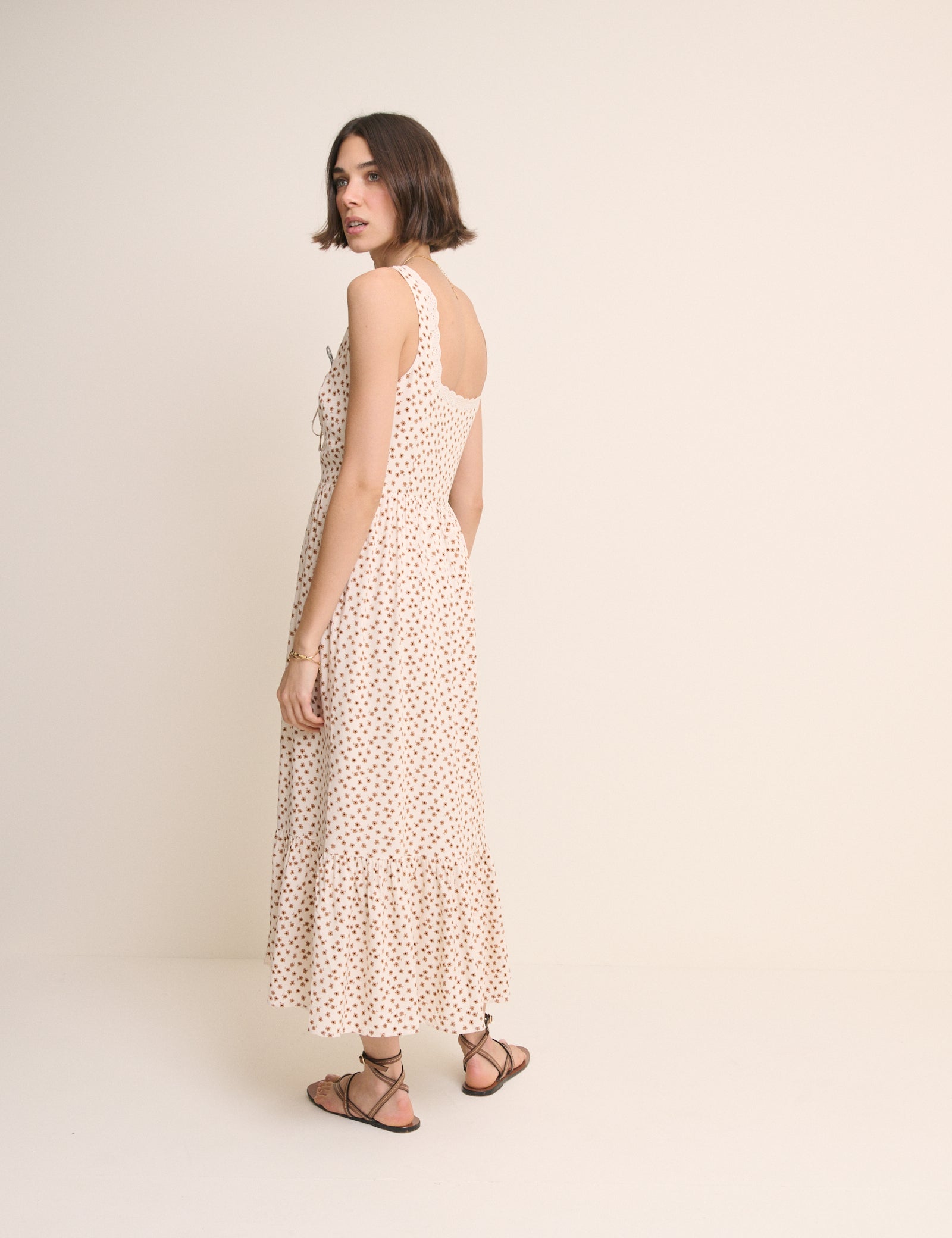 Ivory Ditsy Floral Lace Trim Heather Midi Dress