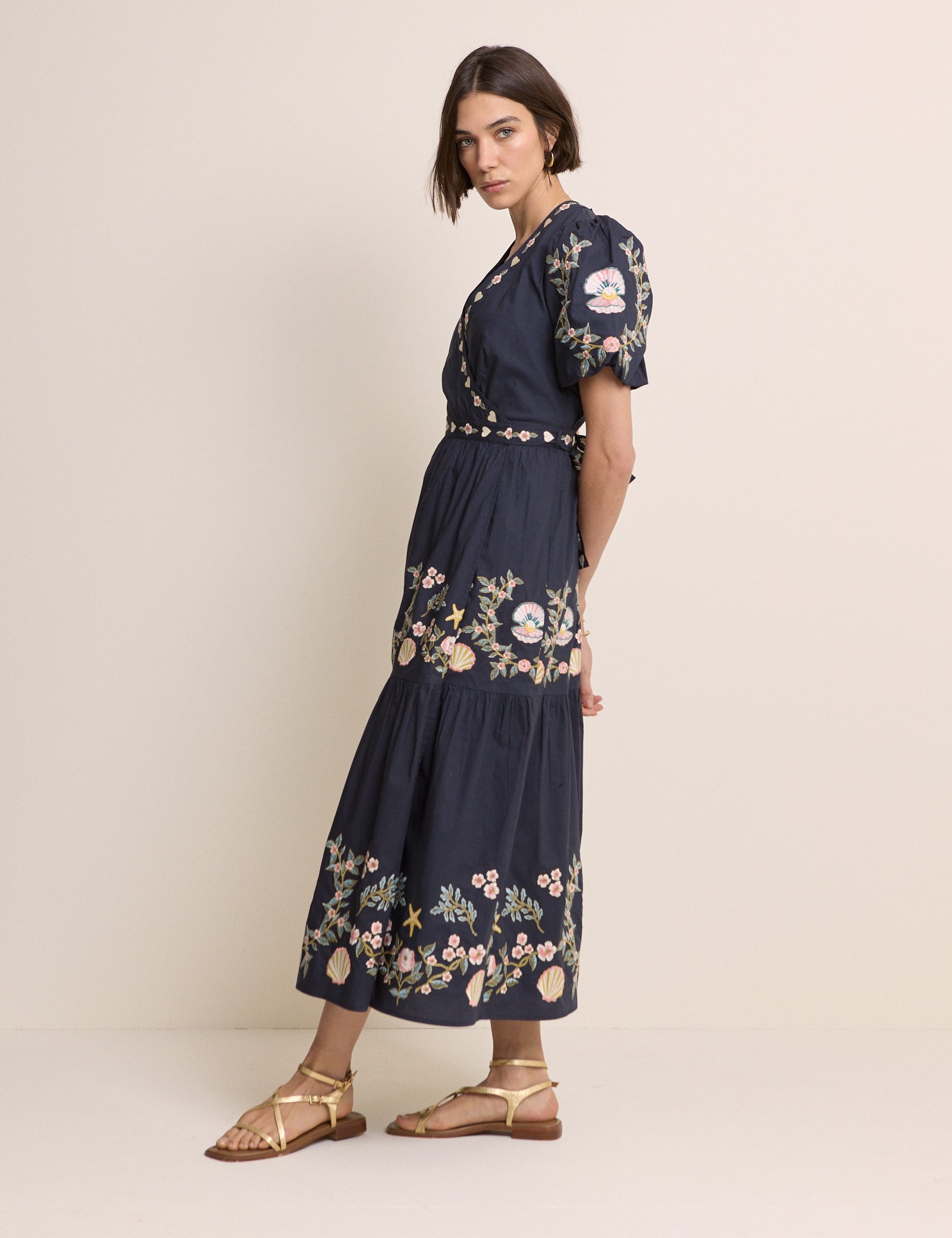 Navy Embroidered Tiered Jayden Midi Dress