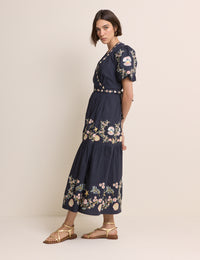 Navy Embroidered Tiered Jayden Midi Dress