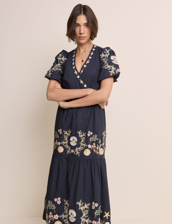 Navy Embroidered Tiered Jayden Midi Dress