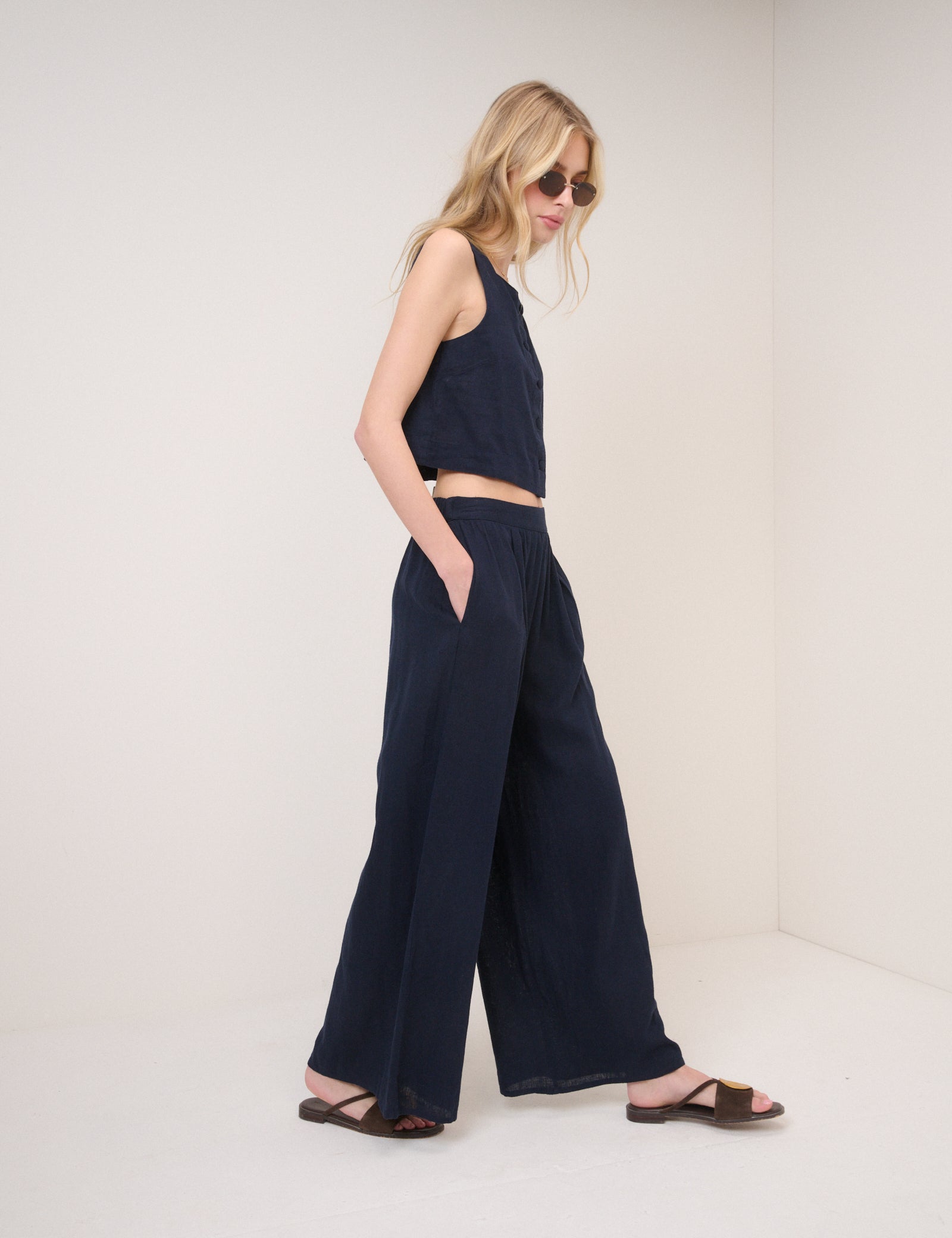 Navy Linen-Blend Wide Leg Trousers