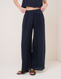 Navy Linen-Blend Wide Leg Trousers