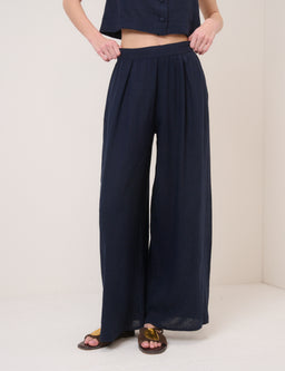 Navy Linen-Blend Wide Leg Jerrow Trousers