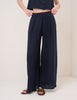 Navy Linen-Blend Wide Leg Trousers