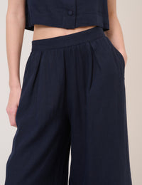Navy Linen-Blend Wide Leg Trousers