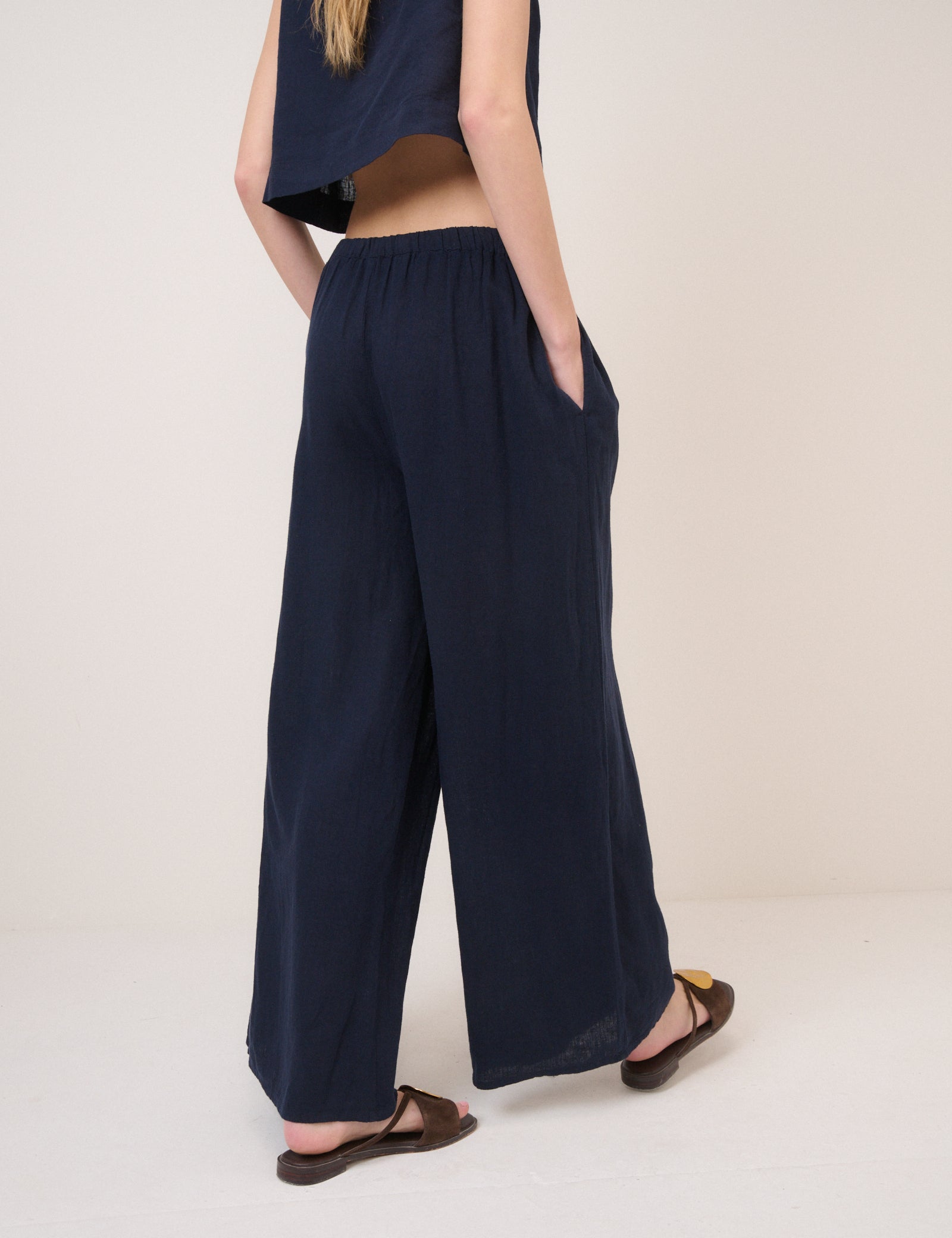 Navy Linen-Blend Wide Leg Trousers