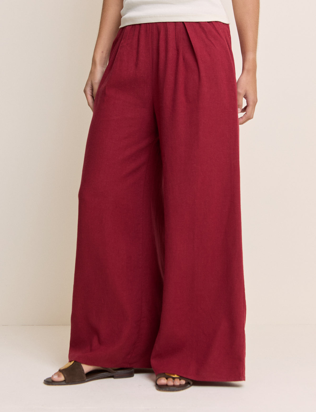Burgundy Linen-Blend Wide Leg Jerrow Trousers