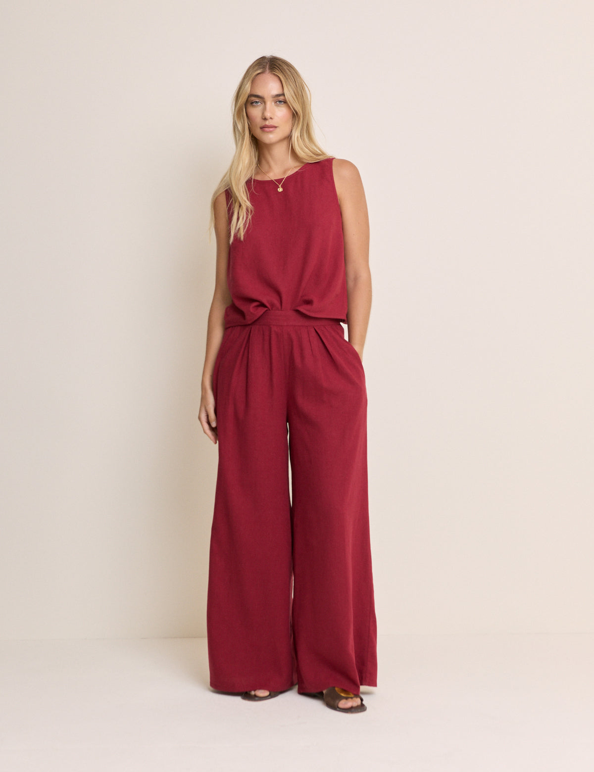 Burgundy Linen-Blend Wide Leg Jerrow Trousers