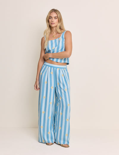 Blue Striped Linen-Rich Wide Leg Trousers