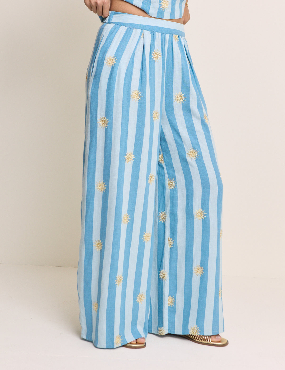 Blue Striped Linen-Blend Wide Leg Trousers
