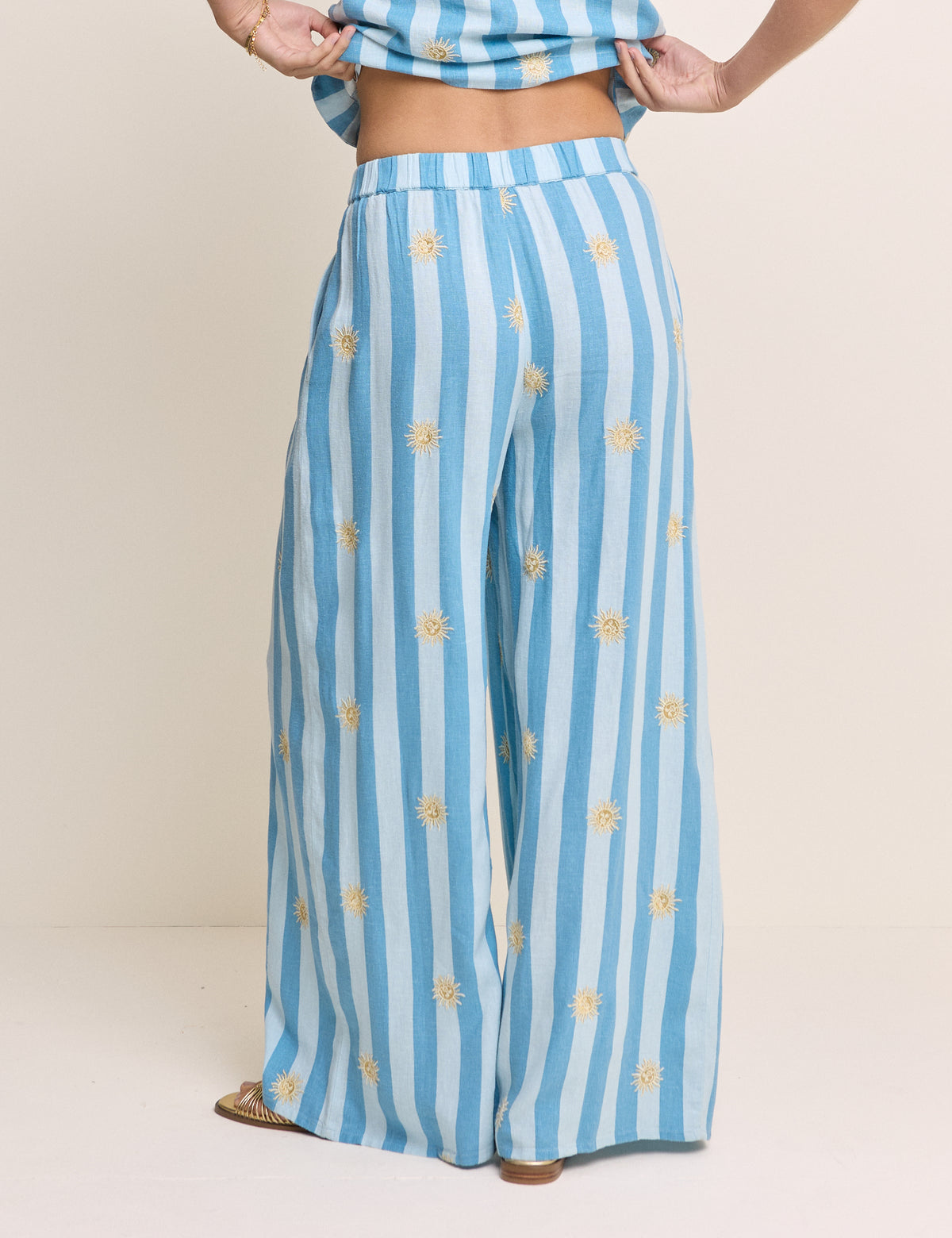 Blue Striped Linen-Blend Wide Leg Trousers