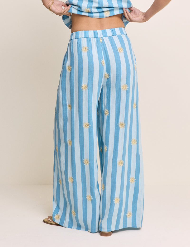 Blue Striped Linen-Blend Wide Leg Trousers