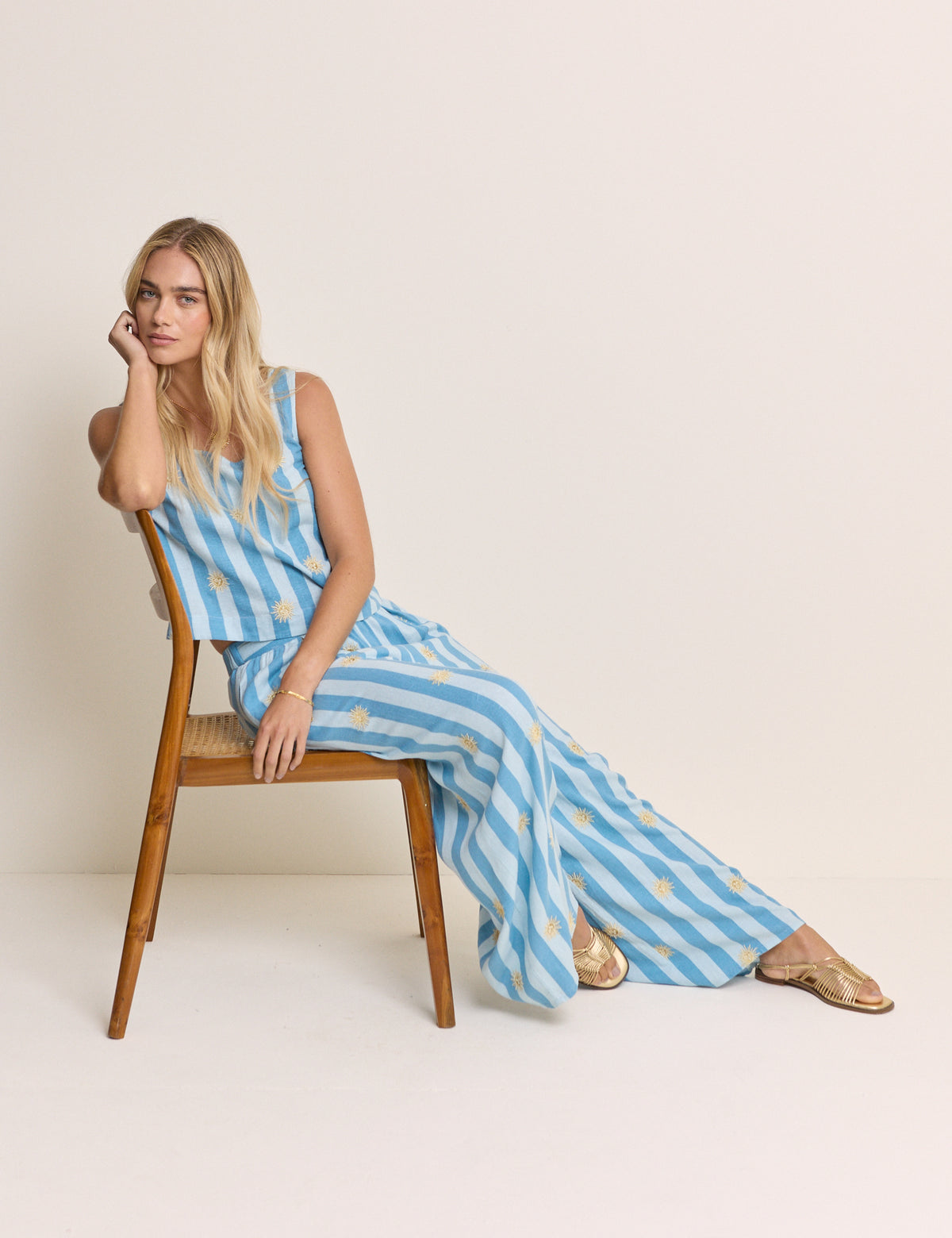 Blue Striped Linen-Rich Wide Leg Trousers