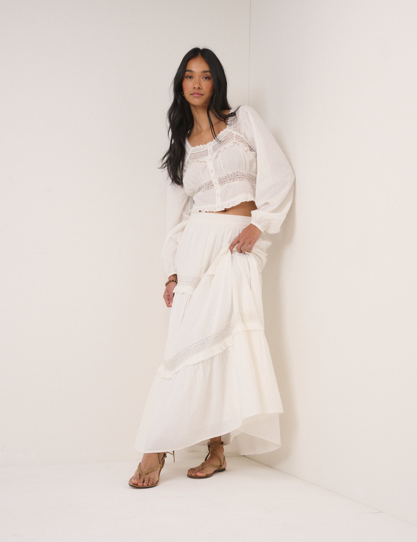 White Tiered Midi Skirt