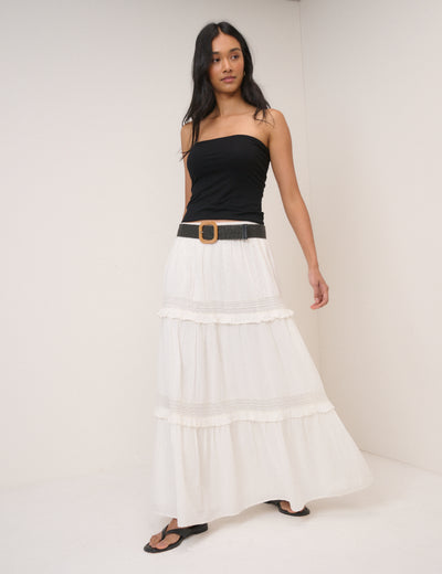 White Tiered Midi Skirt