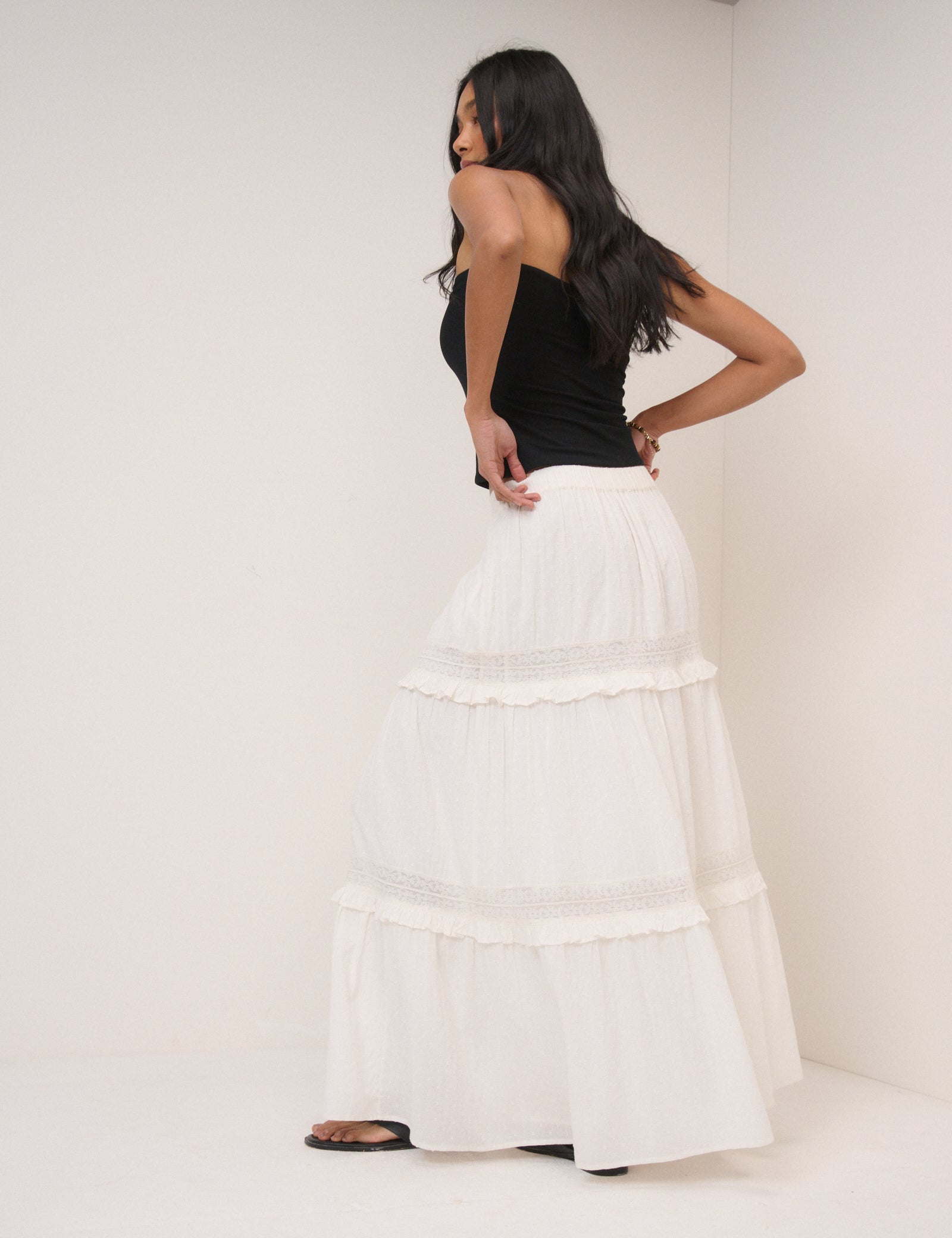 White Tiered Midi Skirt