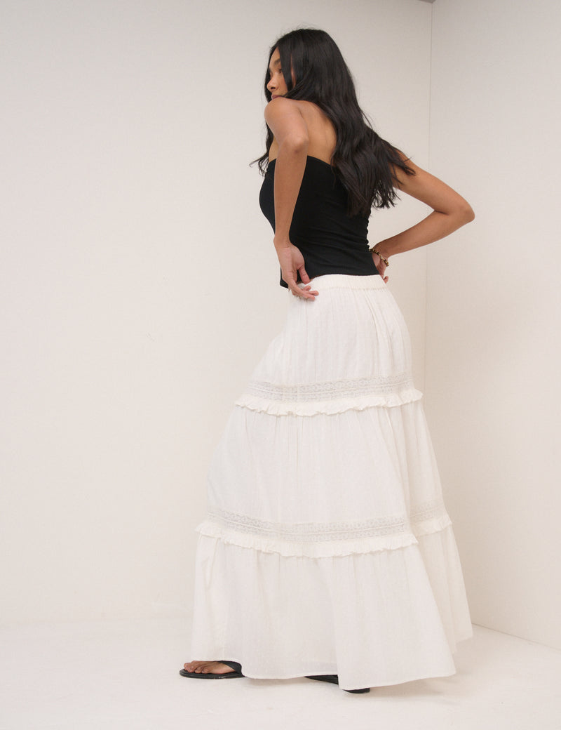 White Tiered Midi Skirt