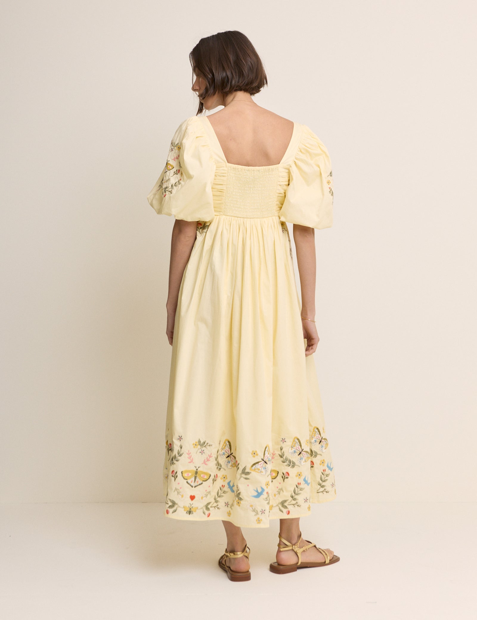 Butter Yellow Embroidered Pleated Nova Midi Dress
