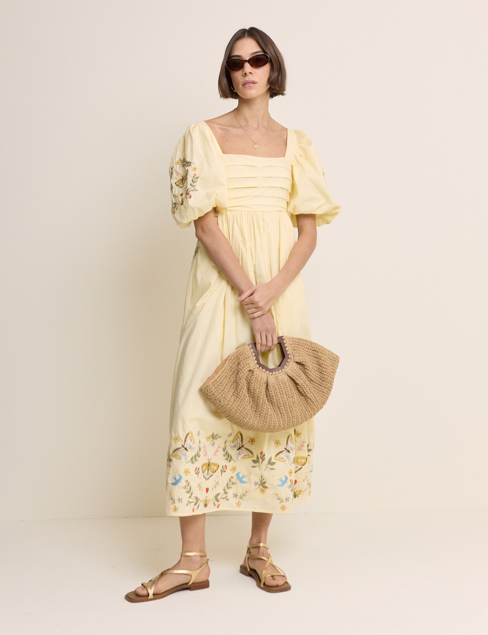 Butter Yellow Embroidered Pleated Nova Midi Dress