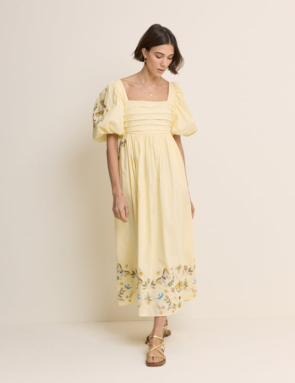 Butter Yellow Embroidered Pleated Nova Midi Dress