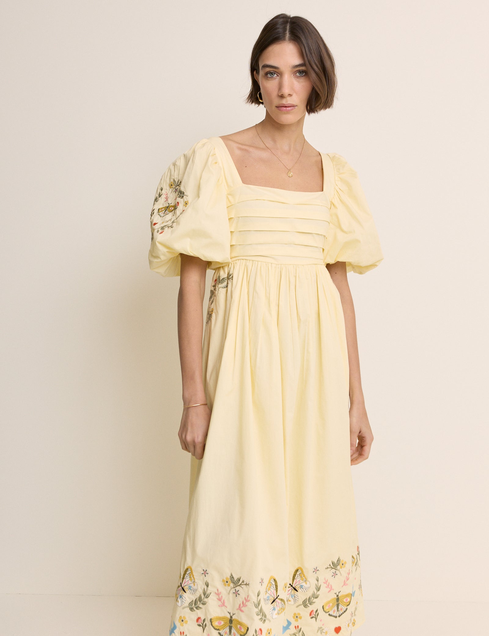 Butter Yellow Embroidered Pleated Nova Midi Dress