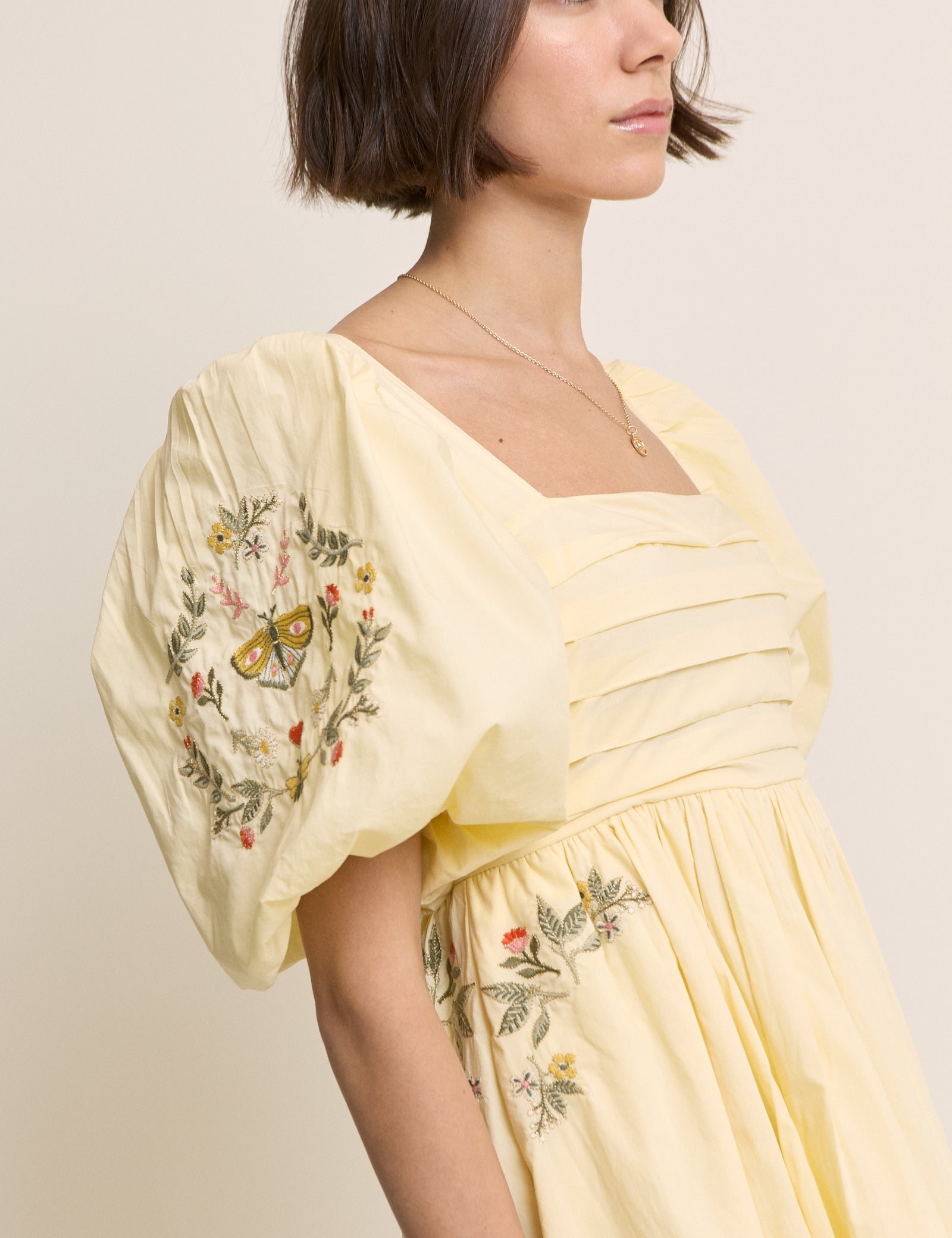Butter Yellow Embroidered Pleated Nova Midi Dress