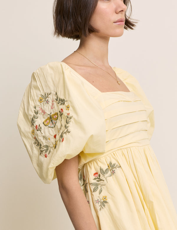 Butter Yellow Embroidered Pleated Nova Midi Dress
