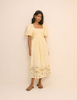 Butter Yellow Embroidered Pleated Nova Midi Dress
