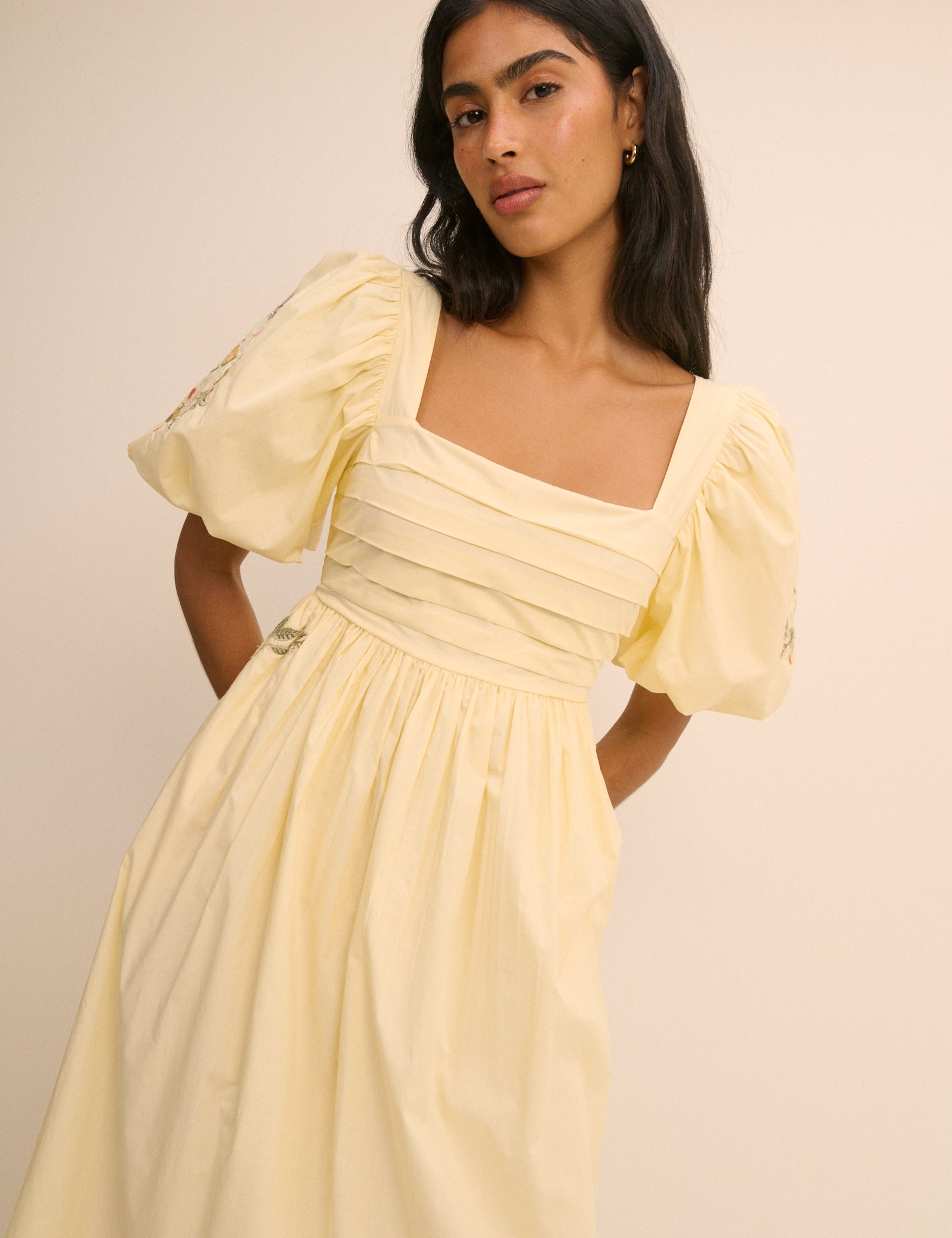 Butter Yellow Embroidered Pleated Nova Midi Dress