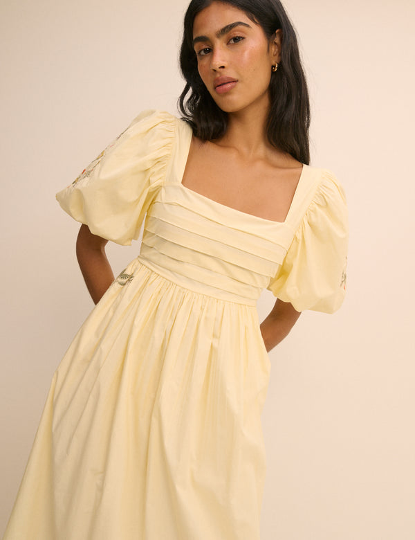 Butter Yellow Embroidered Pleated Nova Midi Dress