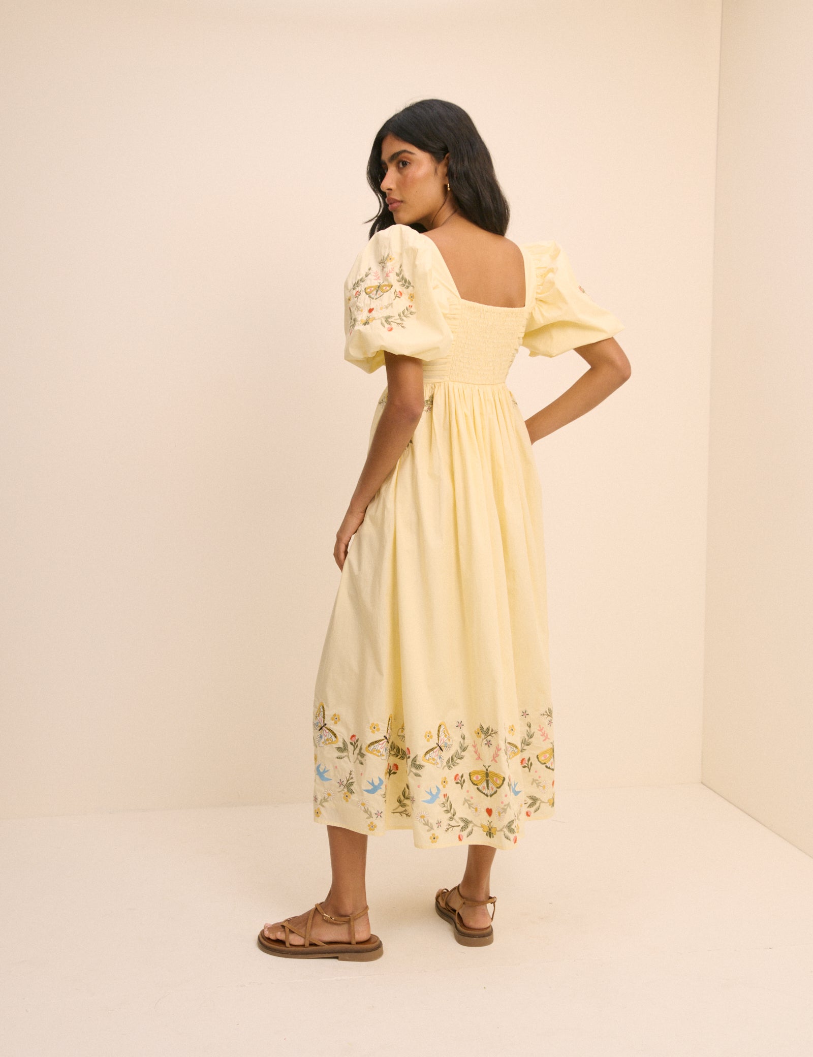 Butter Yellow Embroidered Pleated Nova Midi Dress