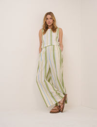 Green and Blue Striped Wide Leg Parker Trousers