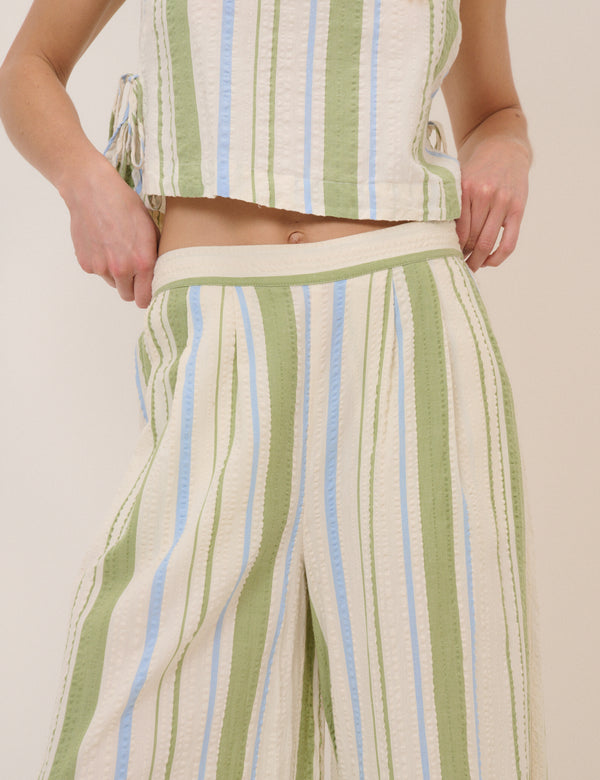 Green and Blue Striped Wide Leg Parker Trousers
