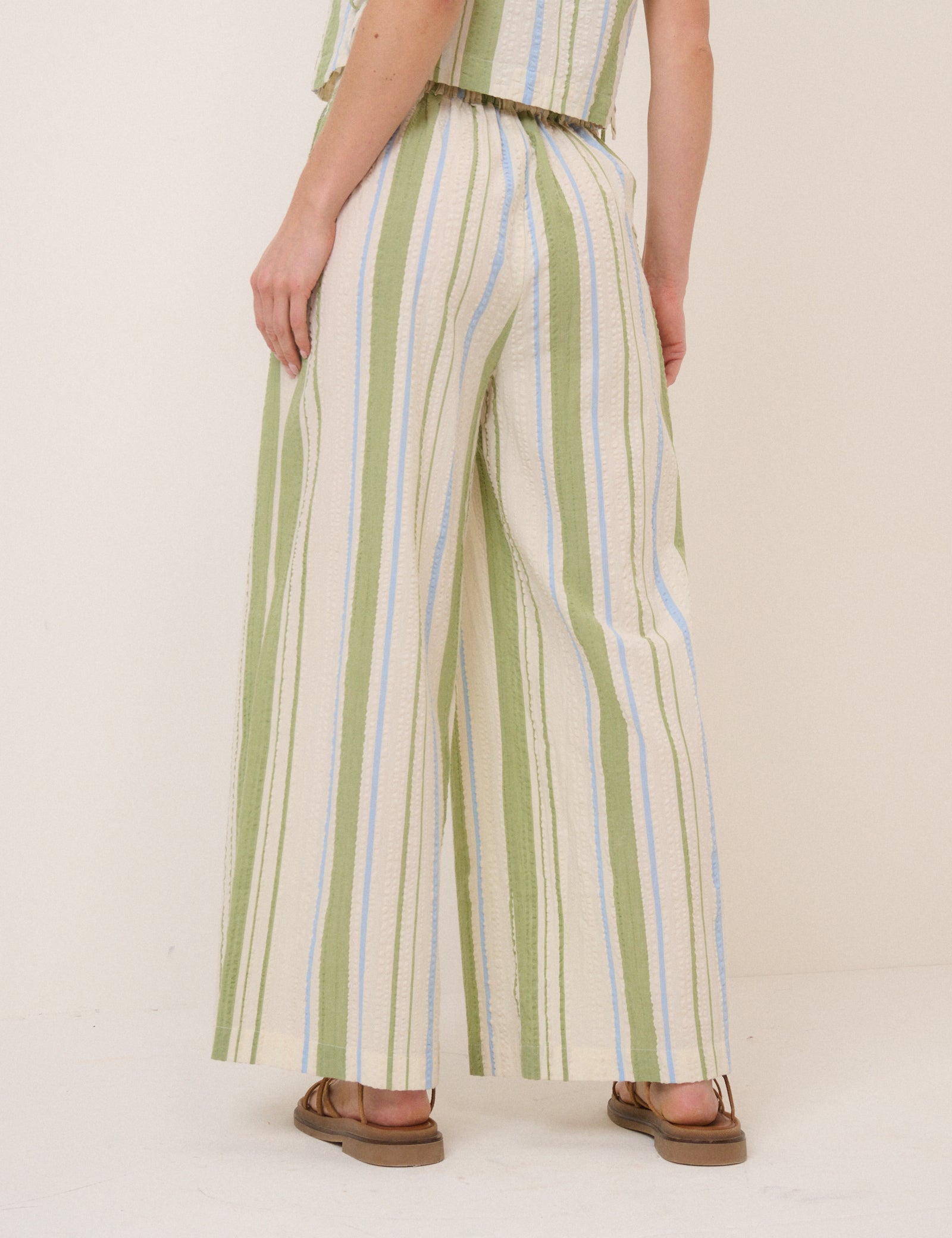 Green and Blue Striped Wide Leg Parker Trousers