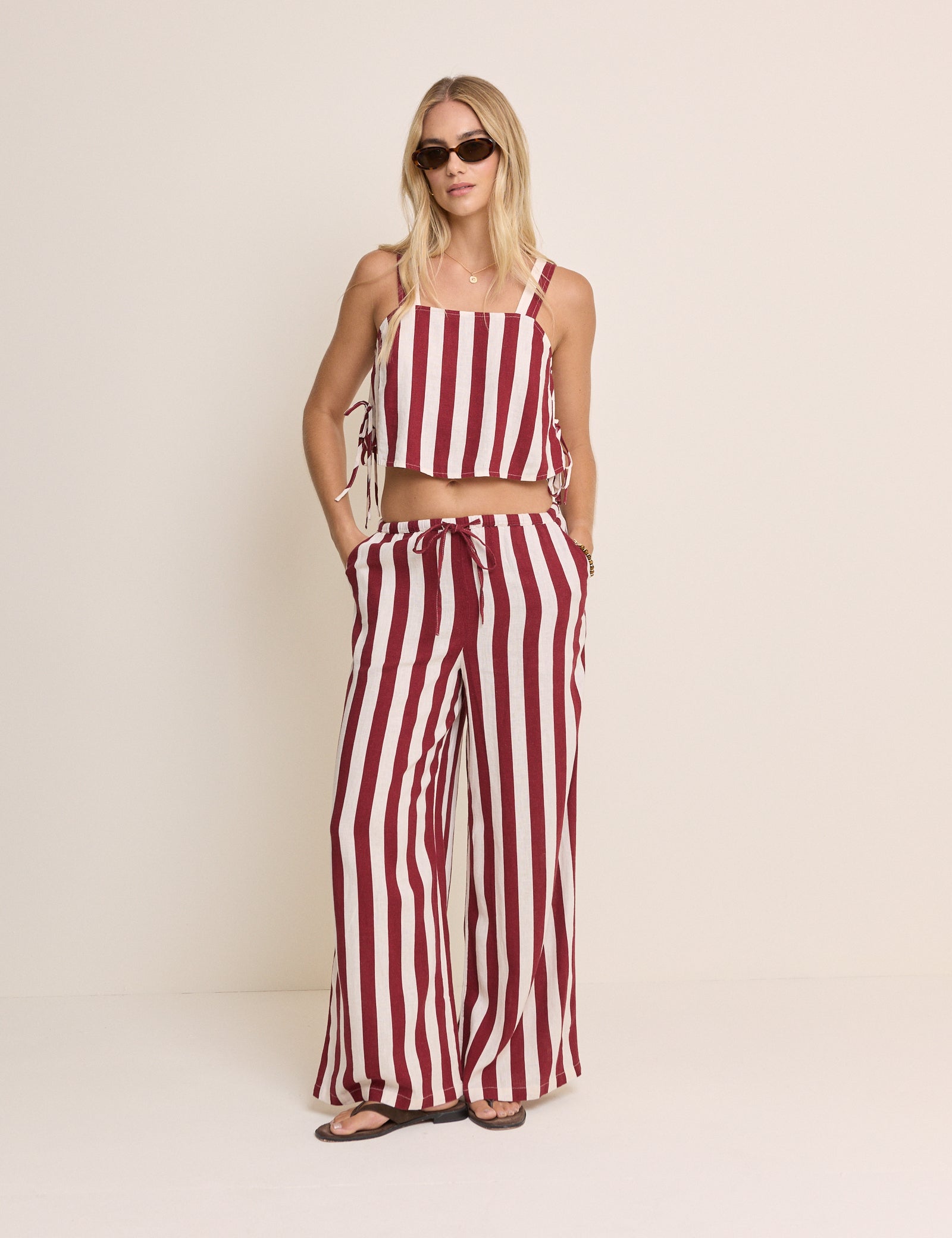 Burgundy Striped Linen-Blend Reese Trousers