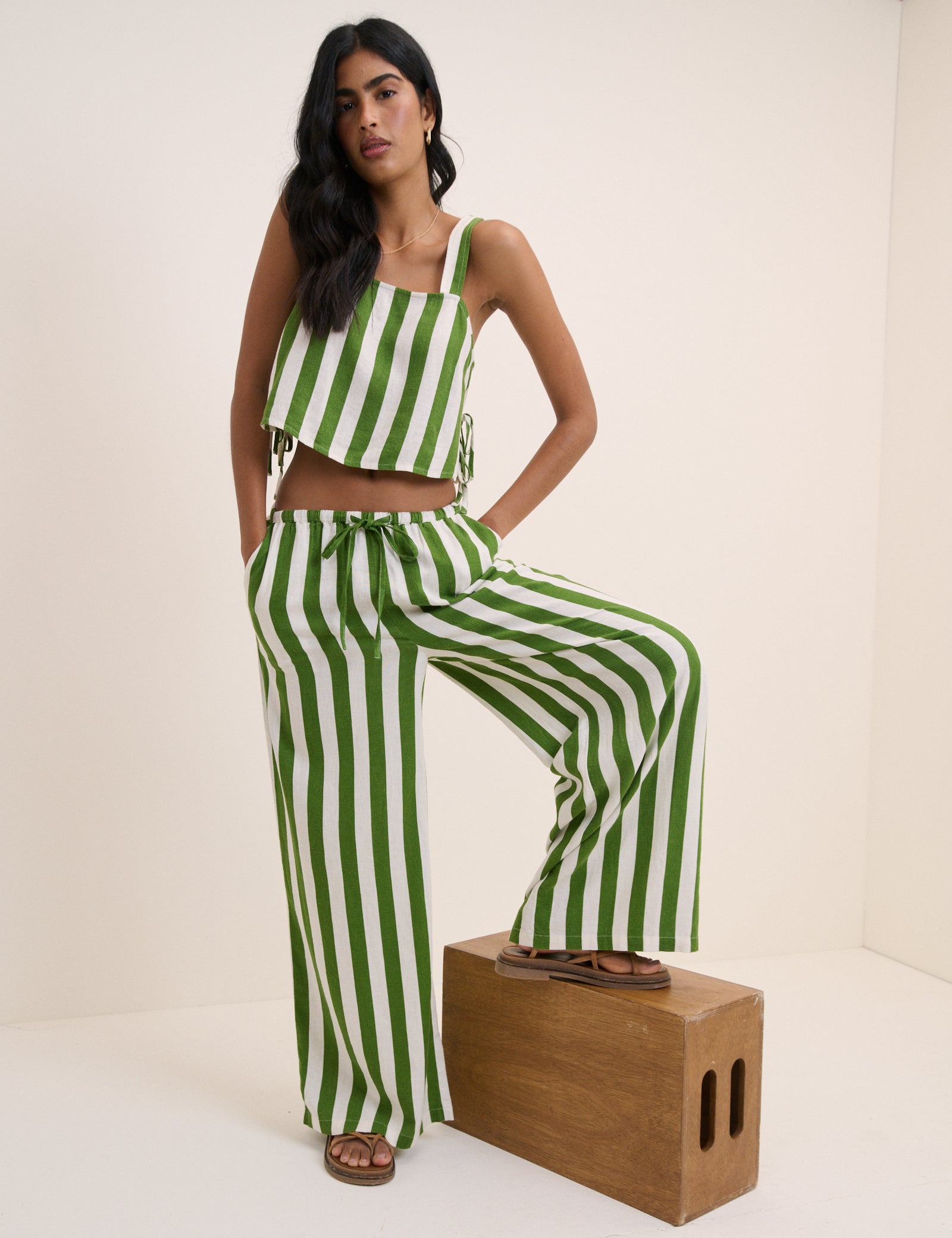 Green Striped Reese Wide Leg Trousers