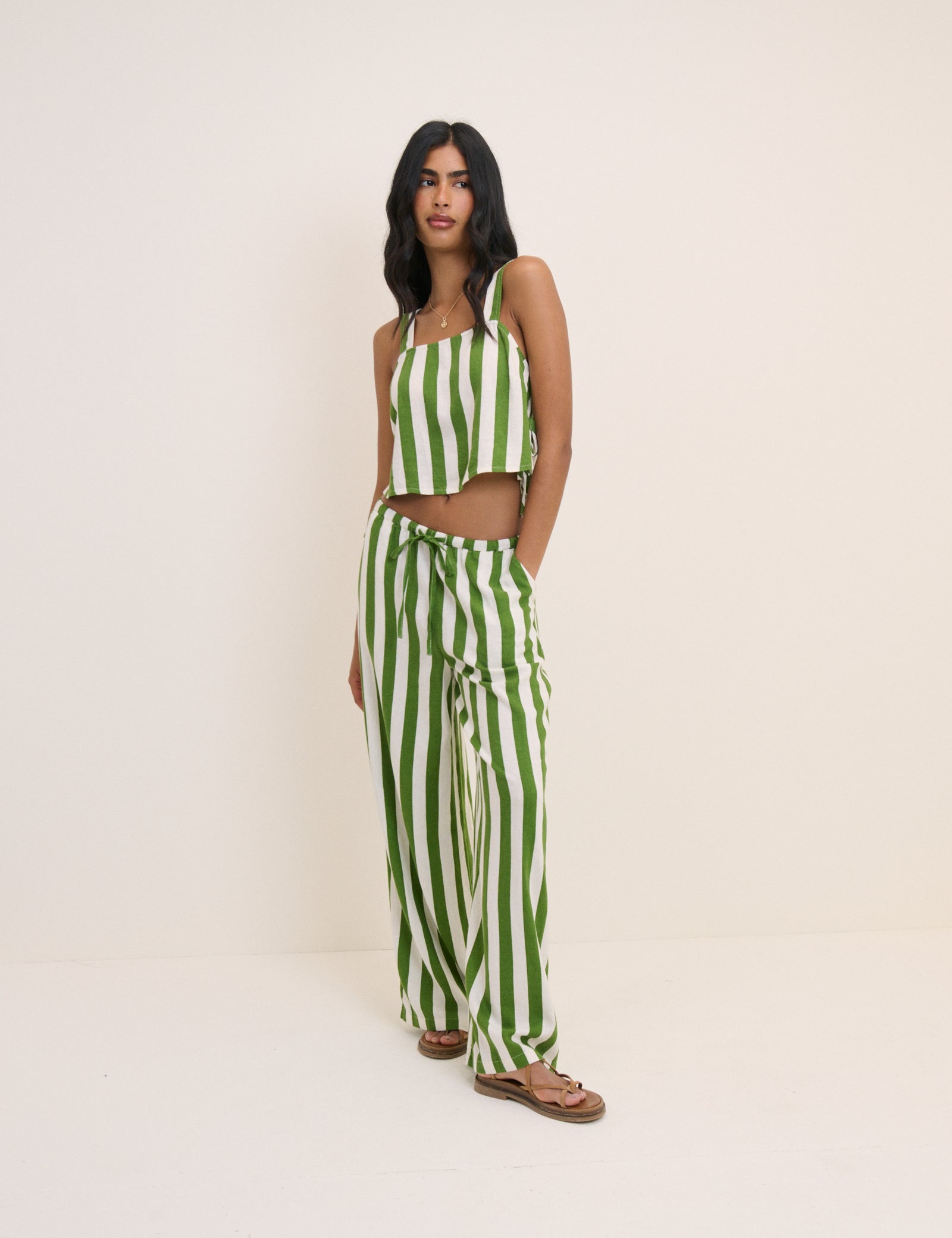 Green Striped Reese Wide Leg Trousers