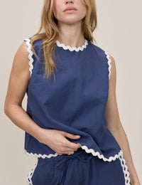 Dark Blue Sleeveless Ric Rac Trim Top
