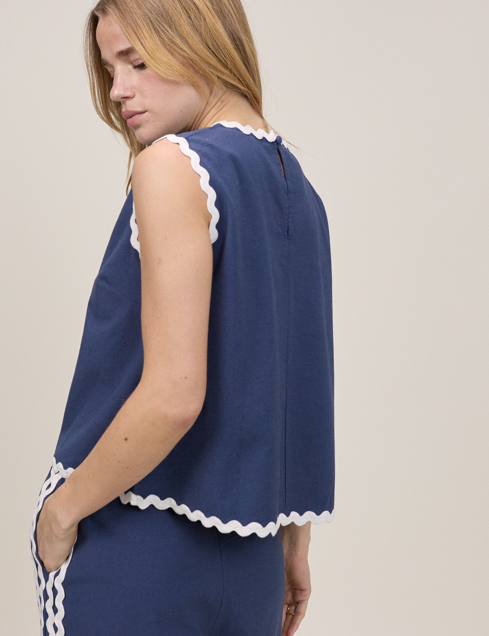 Dark Blue Sleeveless Ric Rac Trim Top