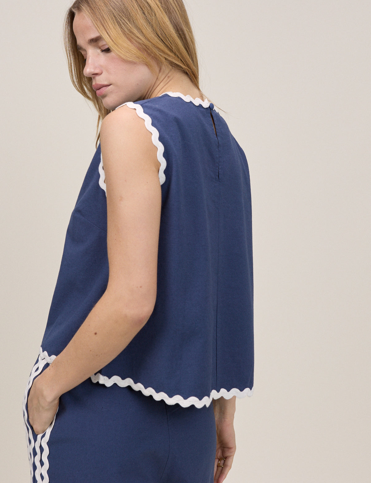 Dark Blue Ric Rac Trim Sleeveless Swing Top