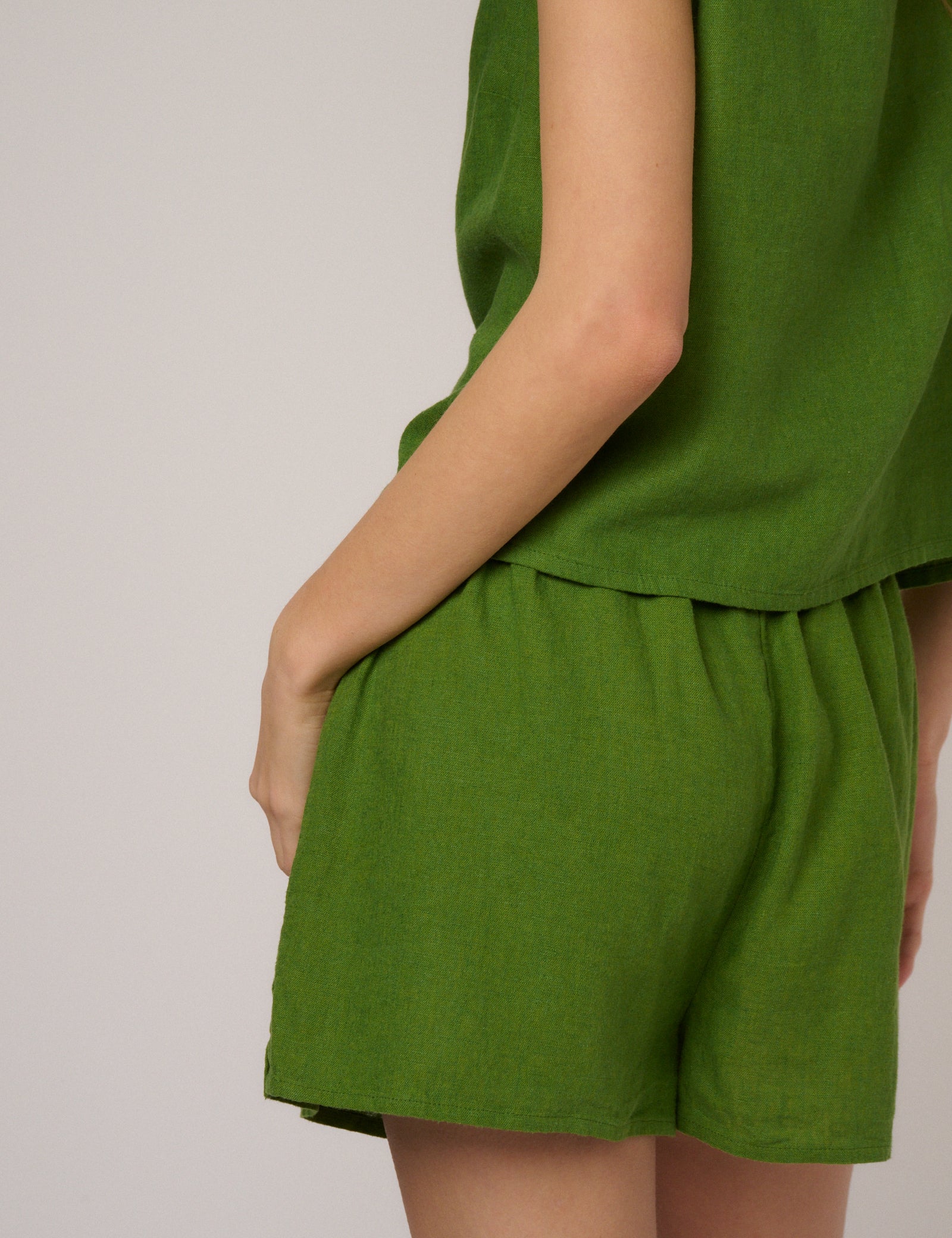 Green Linen-Blend Drawstring Shorts