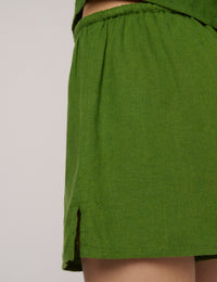 Green Linen-Blend Drawstring Shorts